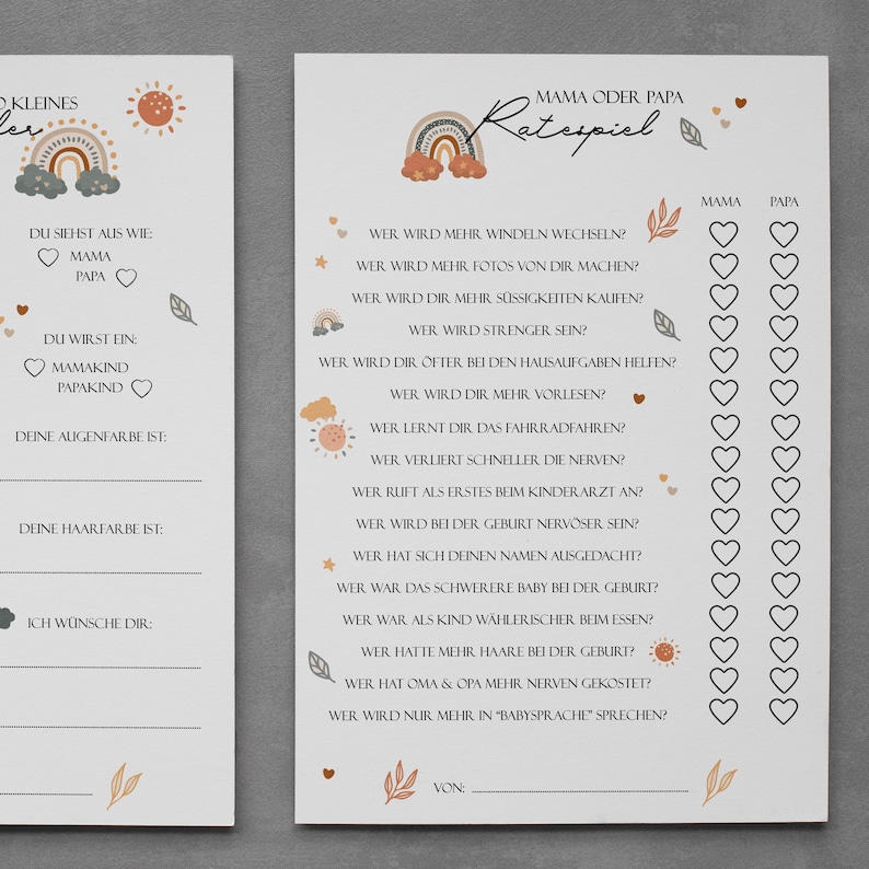 May include: A printable baby shower game with a rainbow design. The game asks guests to guess who will do certain things, such as change more diapers, take more photos, or be more strict. The game includes a list of questions and a grid for guests to mark their answers.