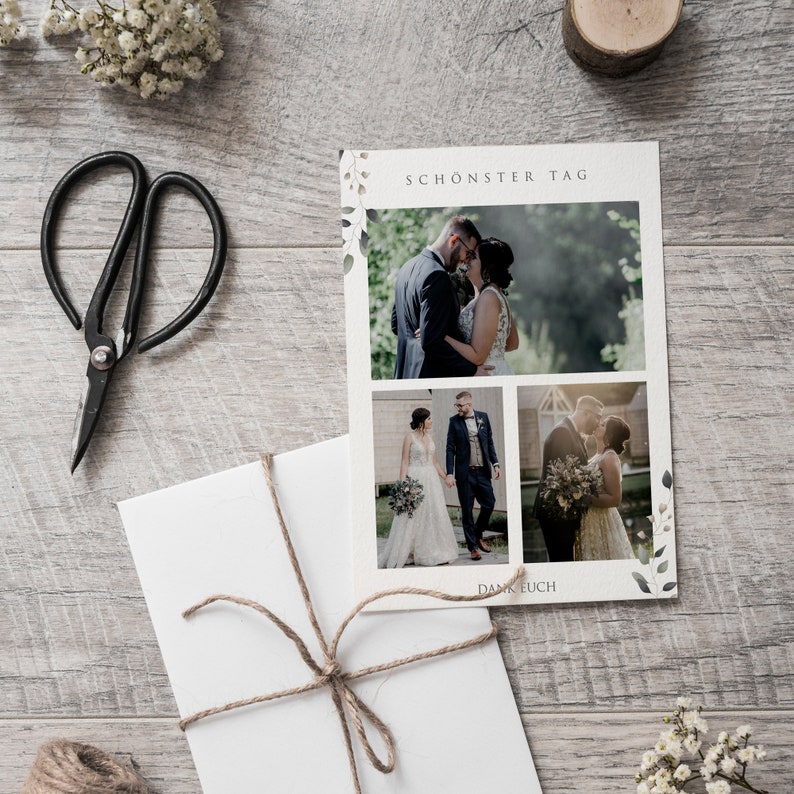 May include: A wedding invitation with a white background and a floral design. The invitation features three photos of a couple in different poses. The text "SCH&Ouml;NSTERTAG" and "DANK EUCH" are printed on the invitation.