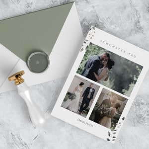 May include: A white card with a collage of wedding photos. The card has a leafy border and the text "Sch&ouml;nster Tag" and "Dank Euch".