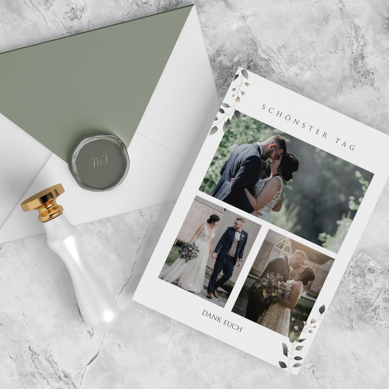 May include: A white card with a collage of wedding photos. The card has a leafy border and the text "Sch&ouml;nster Tag" and "Dank Euch".