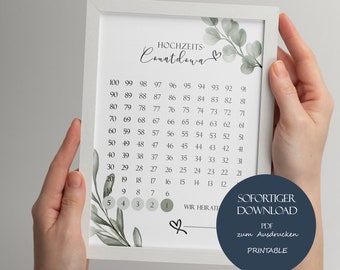 Wedding Countdown Eucalyptus, Wedding Countdown Poster for Printing, 100 Days of Anticipation, Engagement Gift, Wedding Gift, Download