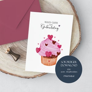 Verjaardagskaart, Happy Birthday-kaart, A6 cupcakekaart, verjaardagskaart voor vriendin, kaart om af te drukken, downloaden