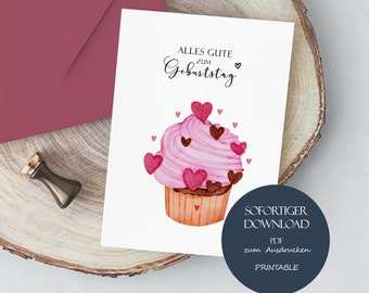 Birthday card, Happy Birthday card, A6 cupcake card, birthday card for girlfriend, card to print, download