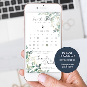Könnte beinhalten: Ein Smartphone zeigt eine digitale Hochzeitseinladung. Das Design zeigt einen Kalender für April 2050, botanische Elemente und den Text "Save the Date". Die Einladung enthält die Namen Franziska & Daniel und ein Herzsymbol.