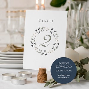 Table numbers wedding eucalyptus A6 printable, wedding decoration table numbers greenery editable template, greenery table numbers template, download