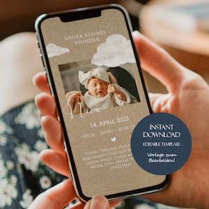 Digitaal geboortekaartje gepersonaliseerd, geboortekaartje met foto, geboortekaartje voor mobiel, babykaartje digitaal, sjabloon voor ontwerp