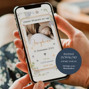 Geburtsanzeige Mädchen mit Foto, digitale Geburtsanzeige personalisiert, Baby Ankündigung für Handy, Geburtsankündigung Mädchen Template