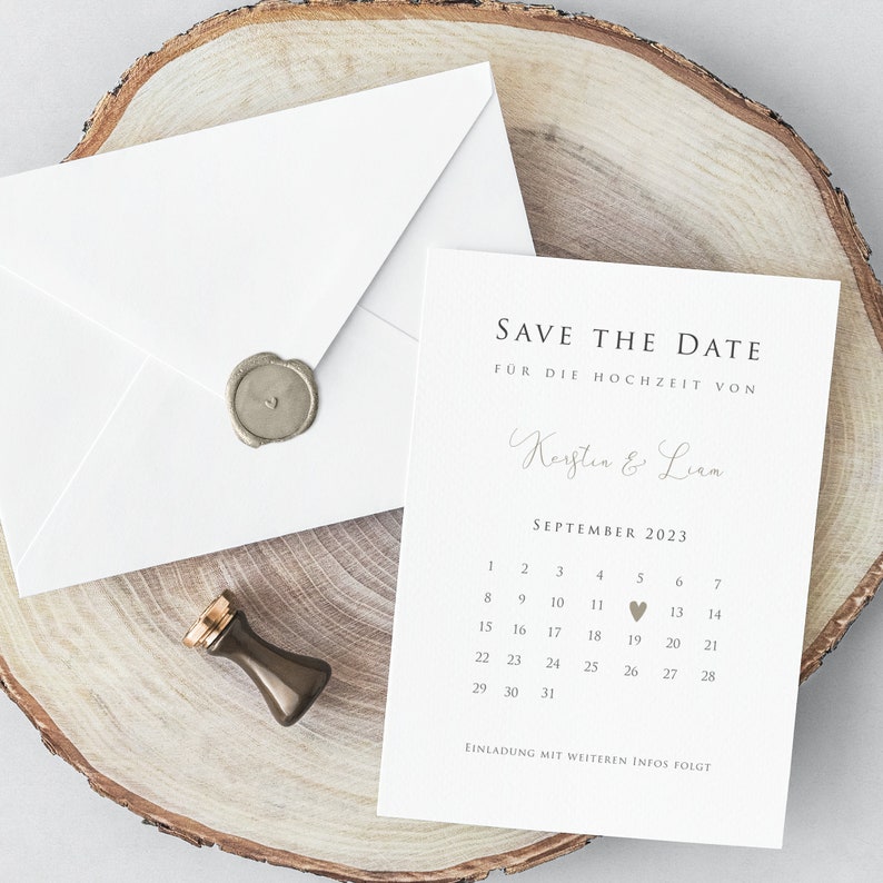 May include: Save the date card with a white background and a calendar for September 2023. The card says "Save the Date" and "For the wedding of" followed by the names "Keyten & Liam". A small heart icon is on the calendar for September 19th.