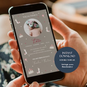 Anuncio de bebé niña digital, anuncio de bebé niña editable para WhatsApp, anuncio de nacimiento de niña, plantilla de anuncio de nacimiento, descarga
