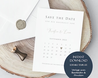 Save the Date Karte Kalender, Moderne Save the Date Karte druckbar, Save the Date minimalistisch, Save the Date Template, DIY Save the Date