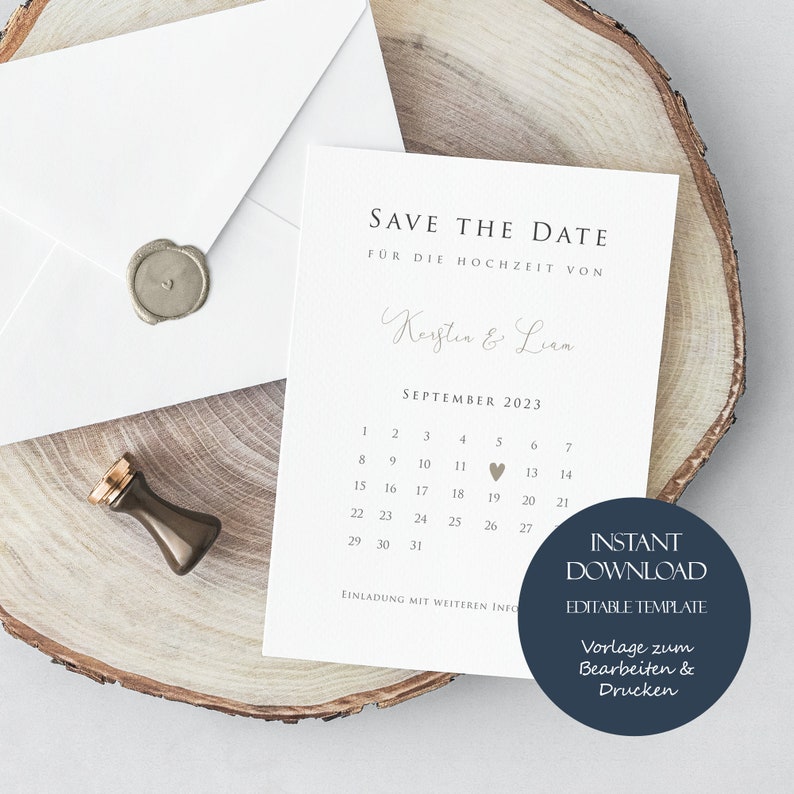 May include: Save the Date card with a calendar for September 2023. The date of the wedding is marked with a heart. The card is for a wedding of Keyten and Liam. The card says "Instant Download" and "Editable Template".
