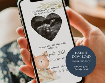 Neutrale Baby-Ankündigung für Handy, Editable Pregnancy Announcement, Schwangerschaft verkünden, Schwangerschaftsanzeige digital Vorlage