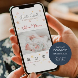 Anuncio de nacimiento personalizado, anuncio de niña, plantilla digital de nacimiento de bebé, Hola mundo, Hola bebé, anuncio digital de nacimiento