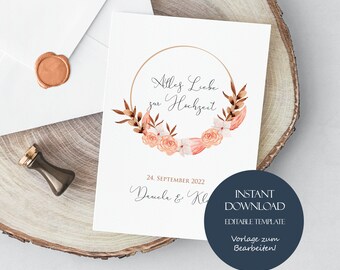 Boho wedding congratulations card, personalized wedding card, card for the bride and groom, printable A6 gift card, Boho, template
