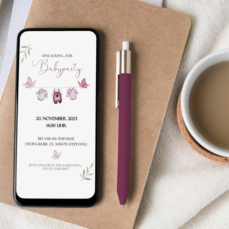 May include: A digital invitation for a baby party on November 20th, 2023 at 2:00 PM. The invitation features a pink, blue, and white baby clothes hanging on a clothesline with butterflies. The text reads "Einladung zur Babyparty" and includes the date, time, and location of the party.