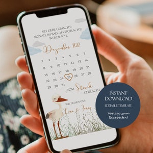 Schwangerschaft verkünden, Neutrale Baby-Ankündigung Social Media, Editable Pregnancy Announcement Whatsapp, Baby Fälligkeitskalender Storch