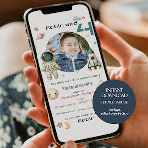 Invito per compleanno bambini, biglietto d'invito Whatsapp, biglietto d'invito digitale per festa di compleanno per bambini, modello di astronauta