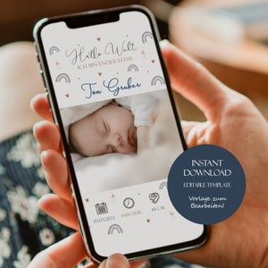 Carte de naissance numérique garçon carte de bébé personnalisée à télécharger design bleu annonce de bébé pour les médias sociaux modèle annonce de naissance