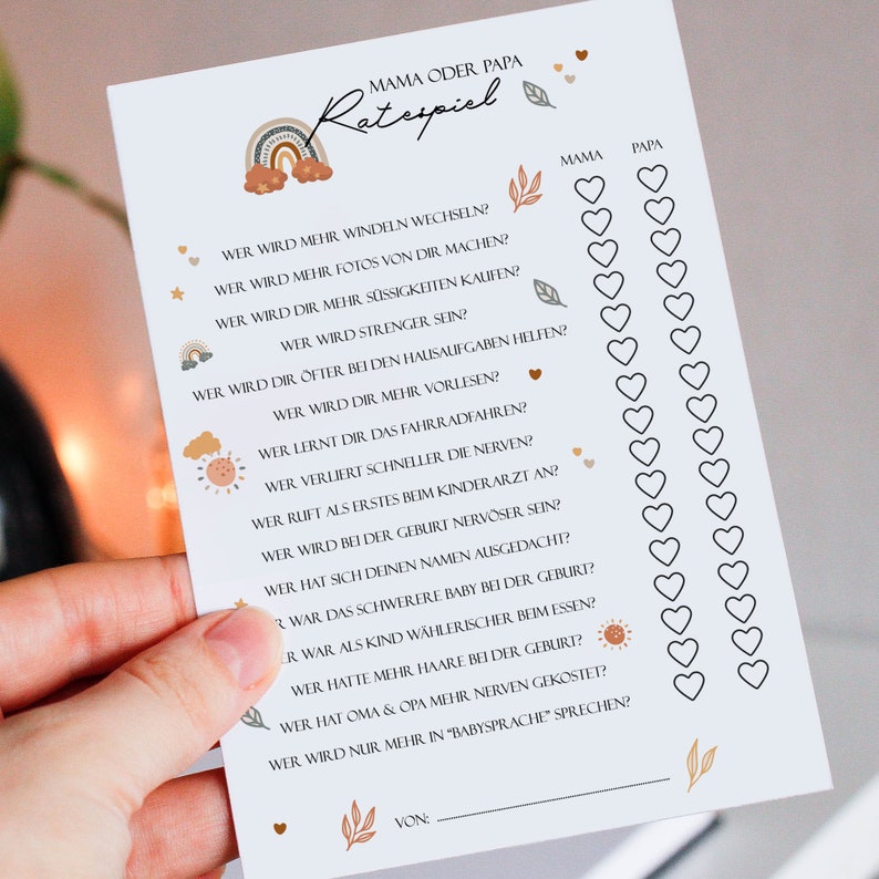 May include: A printable baby shower game in a light blue color with a rainbow design. The game asks questions about the parents, such as who will change more diapers, who will be stricter, and who will read more to the baby. The game has a space for the players to mark their answers with hearts.