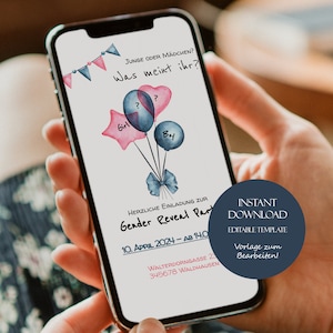 Tarjeta de invitación digital para fiesta de revelación de género, revelación de género del bebé, plantilla de invitación DIY para dispositivos móviles, tarjeta de revelación de género personalizable