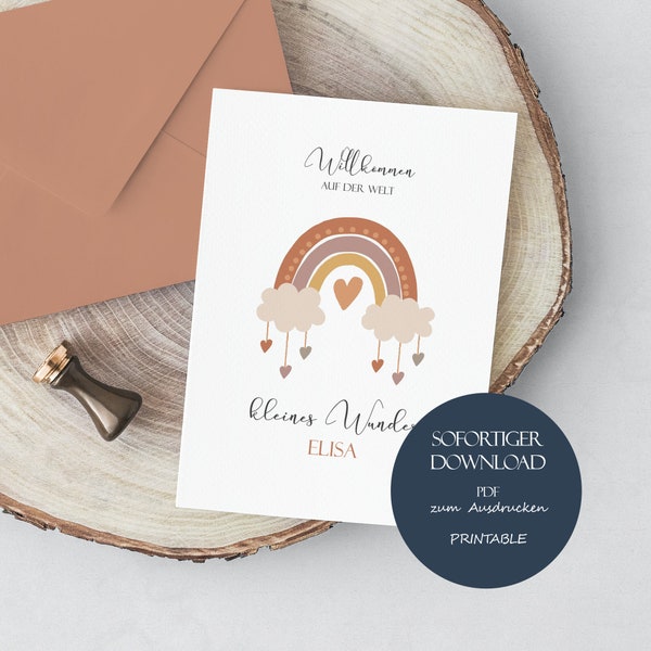 Personalized birth card, baby card A6 "little miracle", greeting card for birth, baby card, girl, boy, rainbow, template