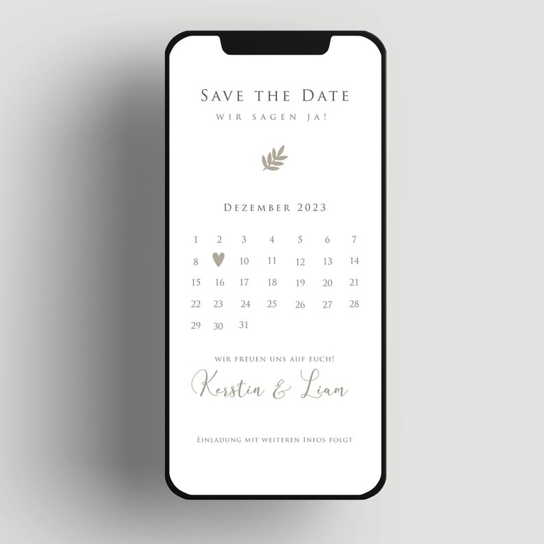 May include: A save the date card with a calendar showing December 2023 with a heart on the 8th. The text reads "Save the Date, Wir sagen Ja!" and "Wir freuen uns auf euch! Kerstin & Liam. Einladung mit weiteren Infos folgt."