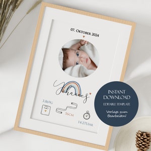Cartel de nacimiento niño para diseñar tú mismo, plantilla de regalo de nacimiento imprimible, cartel habitación infantil A4 personalizado, descarga digital