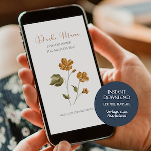 Card Thank You Mom Flower, Digital Thank You Card Mom, Mother&#39;s Day Card for WhatsApp, Digital Gift Card Editable Template, Thank You Mom Flowers