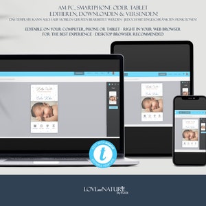 May include: A blue and white baby announcement template with a photo of a baby sleeping. The template is editable and can be used on a computer, phone, or tablet. The text on the template says "Hello World!" and "[Baby's Name]"