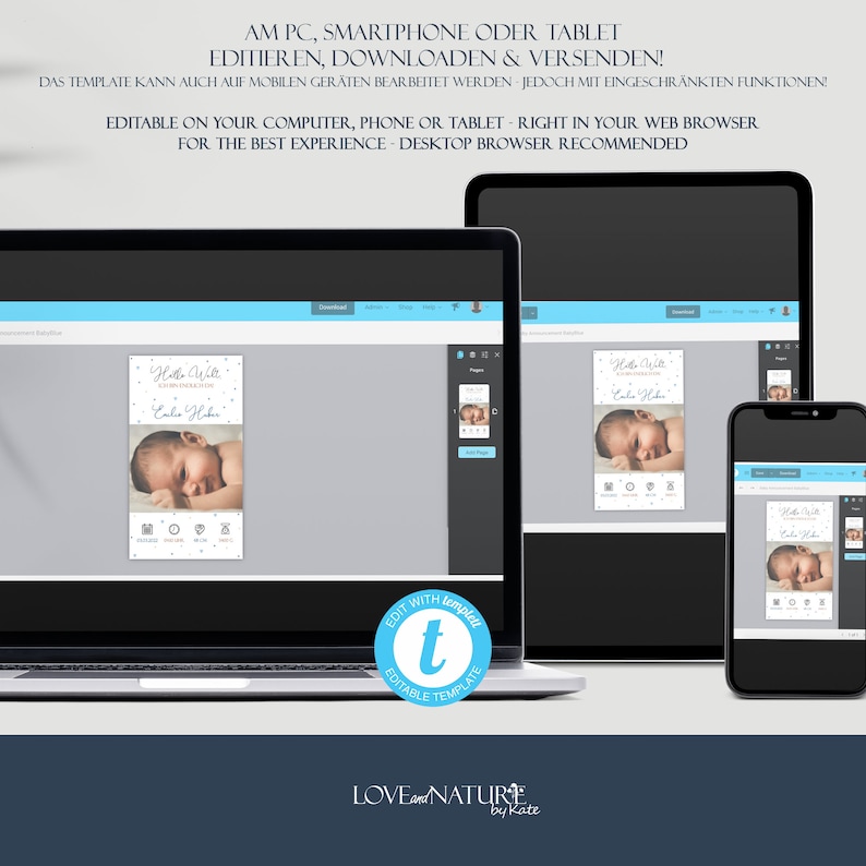 May include: A blue and white baby announcement template with a photo of a baby sleeping. The template is editable and can be used on a computer, phone, or tablet. The text on the template says "Hello World!" and "[Baby's Name]"