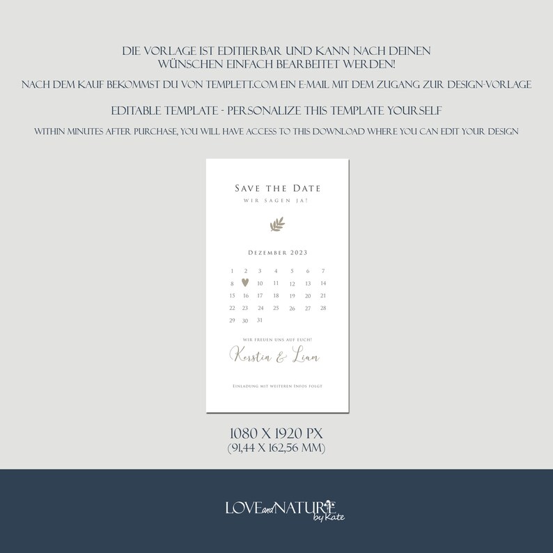 May include: A save the date card with a calendar featuring December 2023. The card is light blue with a brown leaf design and the text "Save the Date" and "Wir sagen ja". The date "December 2023" is highlighted with a heart on the 9th. The names "Kerstin & Lian" are written in cursive at the bottom of the card.
