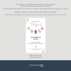 May include: Pink and white baby shower invitation with a watercolor illustration of clothes hanging on a clothesline. The text reads "Einladung zur Babyparty" and includes the date, time, and location of the event. The invitation is 1080 x 1920 pixels (91.44 x 162.56 mm).