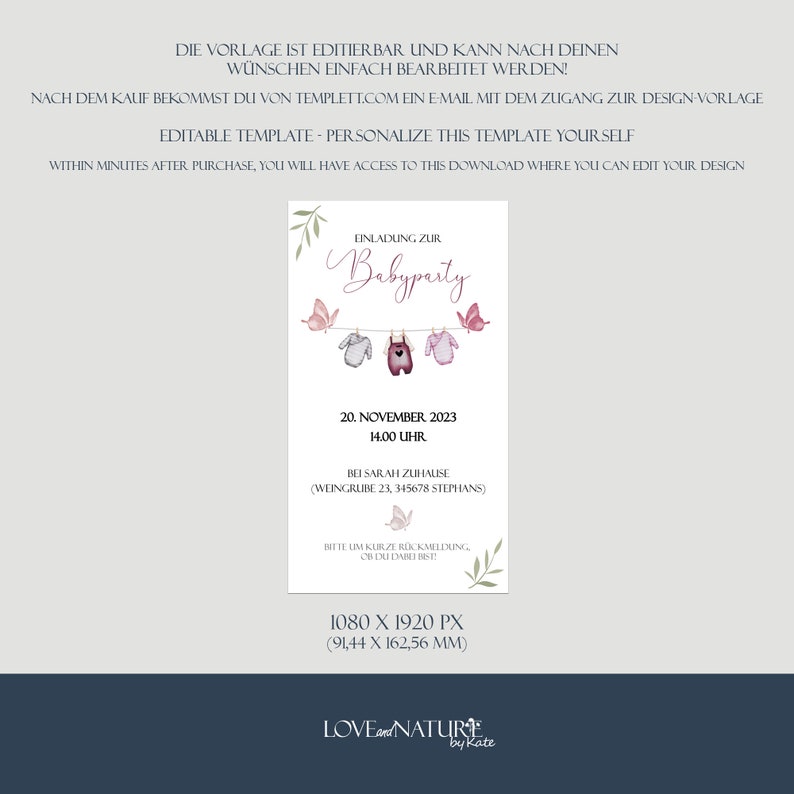 May include: Pink and white baby shower invitation with a watercolor illustration of clothes hanging on a clothesline. The text reads "Einladung zur Babyparty" and includes the date, time, and location of the event. The invitation is 1080 x 1920 pixels (91.44 x 162.56 mm).