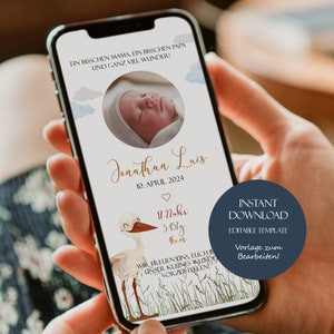 Tarjeta de nacimiento de bebé para teléfono móvil Plantilla neutra Anuncio de nacimiento personalizable Plantilla de anuncio de nacimiento de bebé digital Descargar género neutro