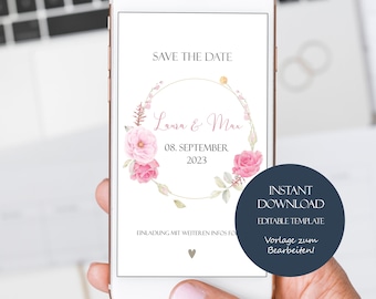 Save the Date Phone Flowers, Digital Save the Date Card, Save the Date Template, Personalizable, Save the Date Editable Template