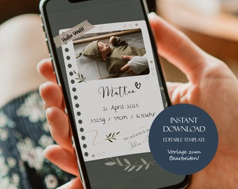 Personalized birth announcement, announce birth with photo, digital birth announcement for mobile, baby announcement digital, editable template