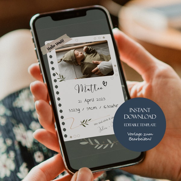 Geburtsanzeige personalisiert, Geburt verkünden mit Foto, digitale Geburtsanzeige für Handy, Baby Ankündigung digital, editierbare Vorlage