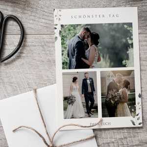 May include: A wedding invitation with a collage of four photos of a couple. The top photo shows the couple embracing, the bottom left photo shows the couple walking, the bottom right photo shows the couple kissing, and the top photo has the text "SCH&Ouml;NSTER TAG" which translates to "Most Beautiful Day". The bottom of the invitation says "DANK EUCH" which translates to "Thank You".