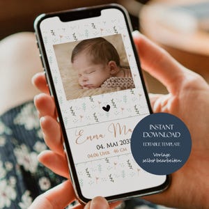Bloemen gepersonaliseerd geboortekaartje, geboortekaartje met foto, digitaal geboortekaartje voor mobiele telefoon, digitaal babyaankondiging sjabloon