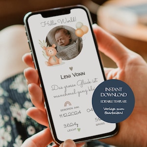 Anuncio de nacimiento con foto, anuncio de nacimiento digital personalizado, anuncio de bebé para teléfono móvil, anuncio de nacimiento para niño y niña