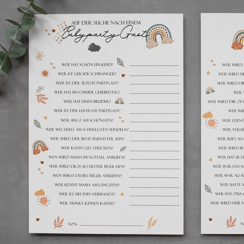 May include: A printable baby shower game with a rainbow and leaf design. The game asks guests to guess who is the best babysitter, who sings the best, and who is the most fun. The game is titled "Baby Party Guest".