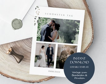 Moderne Dankeskarte zur Hochzeit mit Fotos, Personalisierte Dankeskarte Hochzeit Template, Danksagungskarte Greenery Hochzeit Eukalyptus