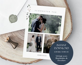 Modern wedding thank you card with photos, personalized wedding thank you card template, greenery wedding thank you card with eucalyptus