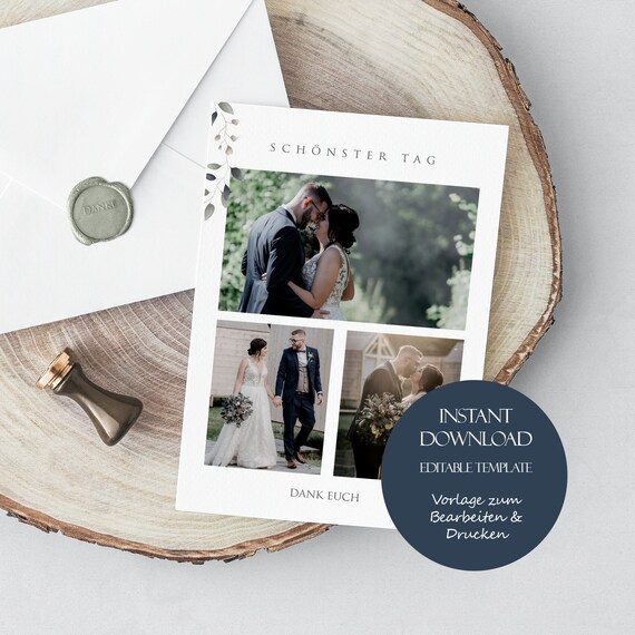 Moderne Dankeskarte zur Hochzeit mit Fotos, Personalisierte Dankeskarte Hochzeit Template, Danksagungskarte Greenery Hochzeit Eukalyptus
