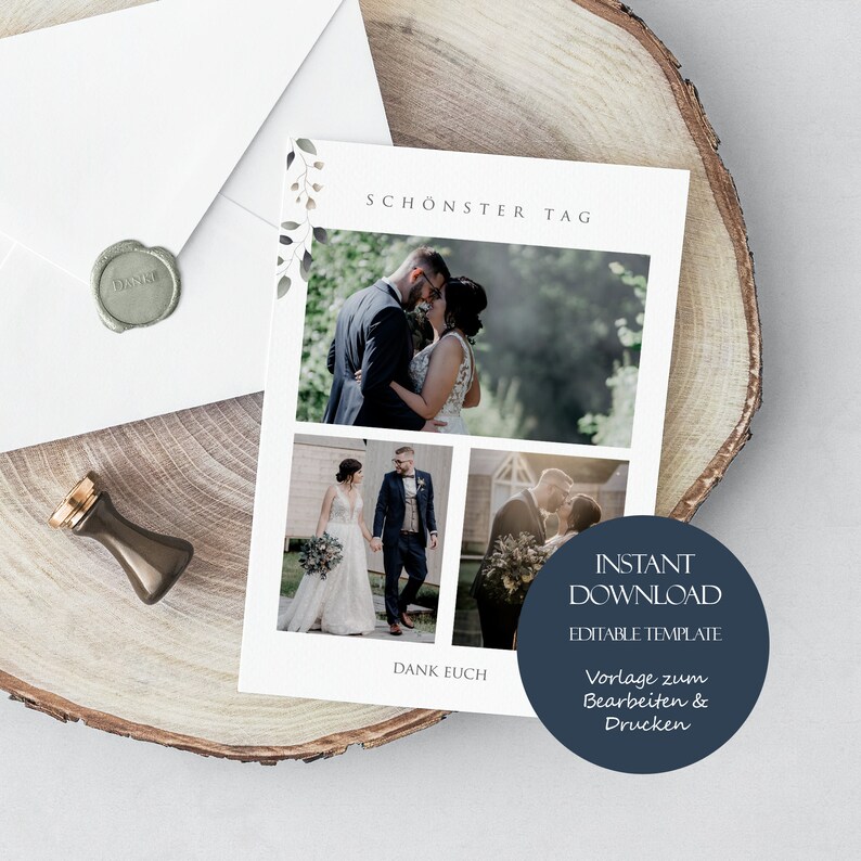 May include: A white card with a blue circle that says "Instant Download Editable Template" and the text "Sch&ouml;nster Tag" and "Dank Euch". The card has three photos of a couple on their wedding day. The photos are in a collage format.