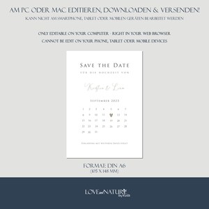 May include: Save the Date card with a calendar for September 2023, with a heart marking the 11th. The card is for the wedding of Kirstin & Liam. The card is formatted in DIN A6 (105 x 148 mm).
