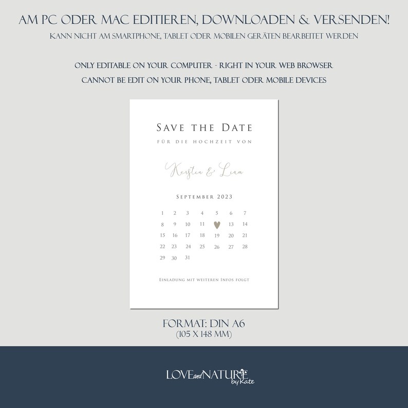 May include: Save the Date card with a calendar for September 2023, with a heart marking the 11th. The card is for the wedding of Kirstin & Liam. The card is formatted in DIN A6 (105 x 148 mm).