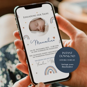 Taufeinladung Junge mit Foto, Regenbogen, Digitale Einladung, personalisierbar, editierbares Template, Download, Taufeinladung mit Babyfoto