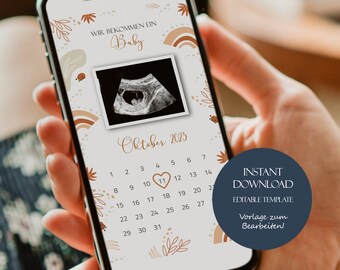 Neutrale Baby-Ankündigung Social Media, Editable Pregnancy Announcement Whatsapp, Schwangerschaft verkünden, Baby Fälligkeitskalender