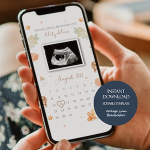 Neutrale Baby-Ankündigung Social Media Editable Pregnancy Announcement Whatsapp Schwangerschaft verkünden Baby Fälligkeitskalender Babynews